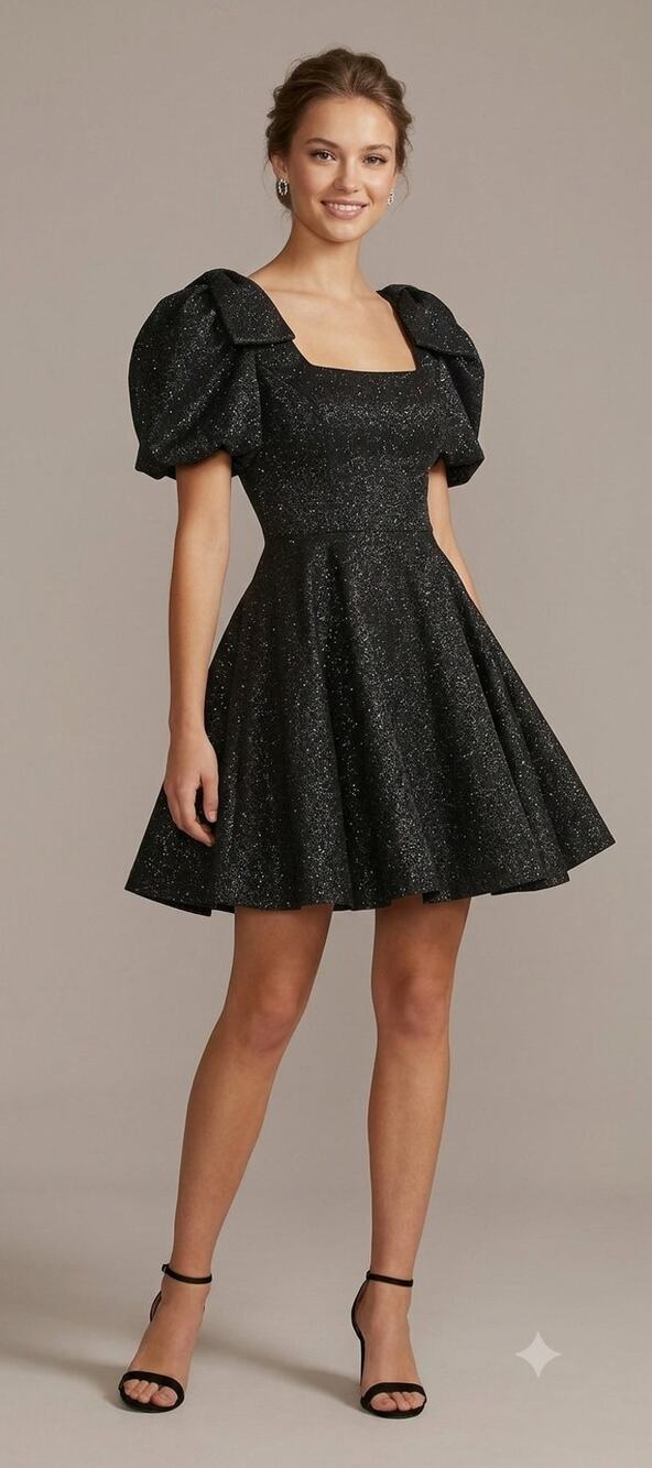 Ivy City Black Glittering Puff Sleeve Mini Dress New XXS